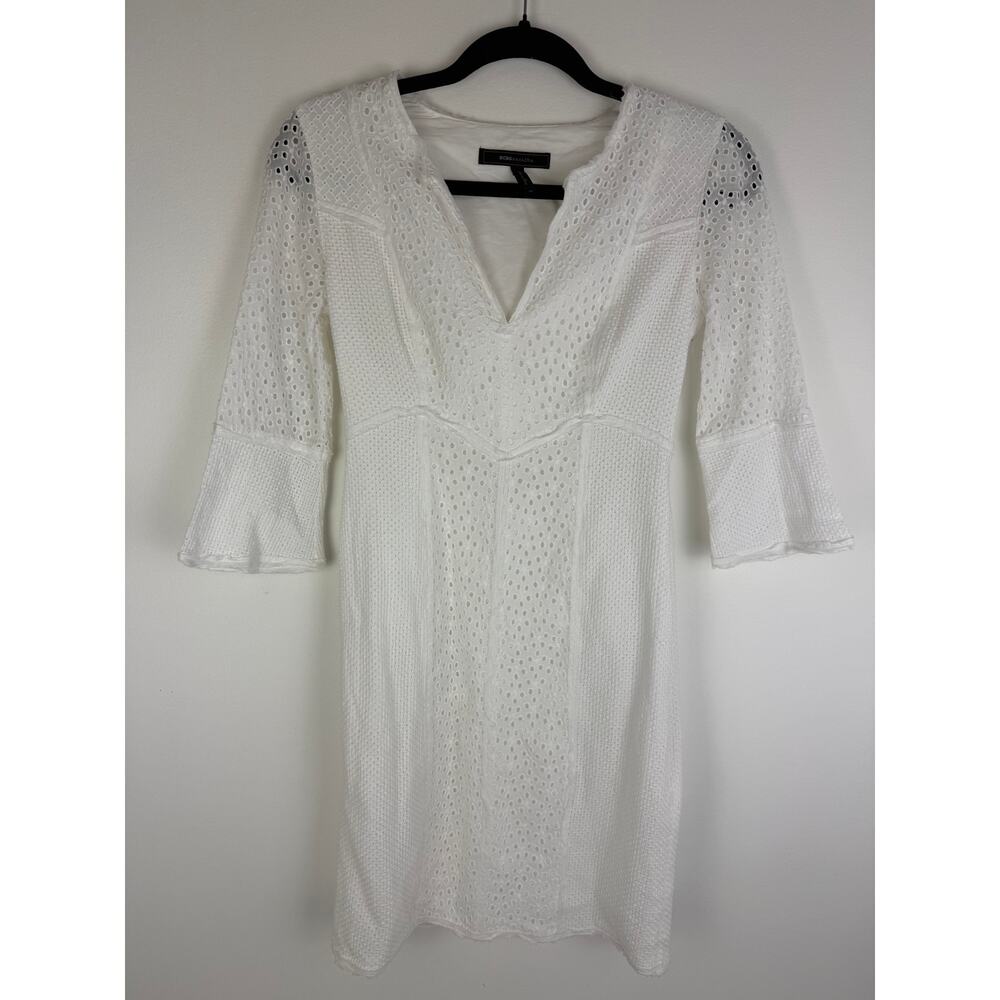 BCBGMAXAZRIA Womens Darcy Eyelet V-Neck 100% Cotton Half Sleeve White Dress 2
